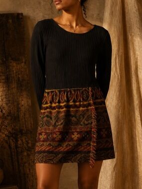 All That Jazz Vintage 90s Ribbed Tapestry Mixed Media Dress Size S Made USA